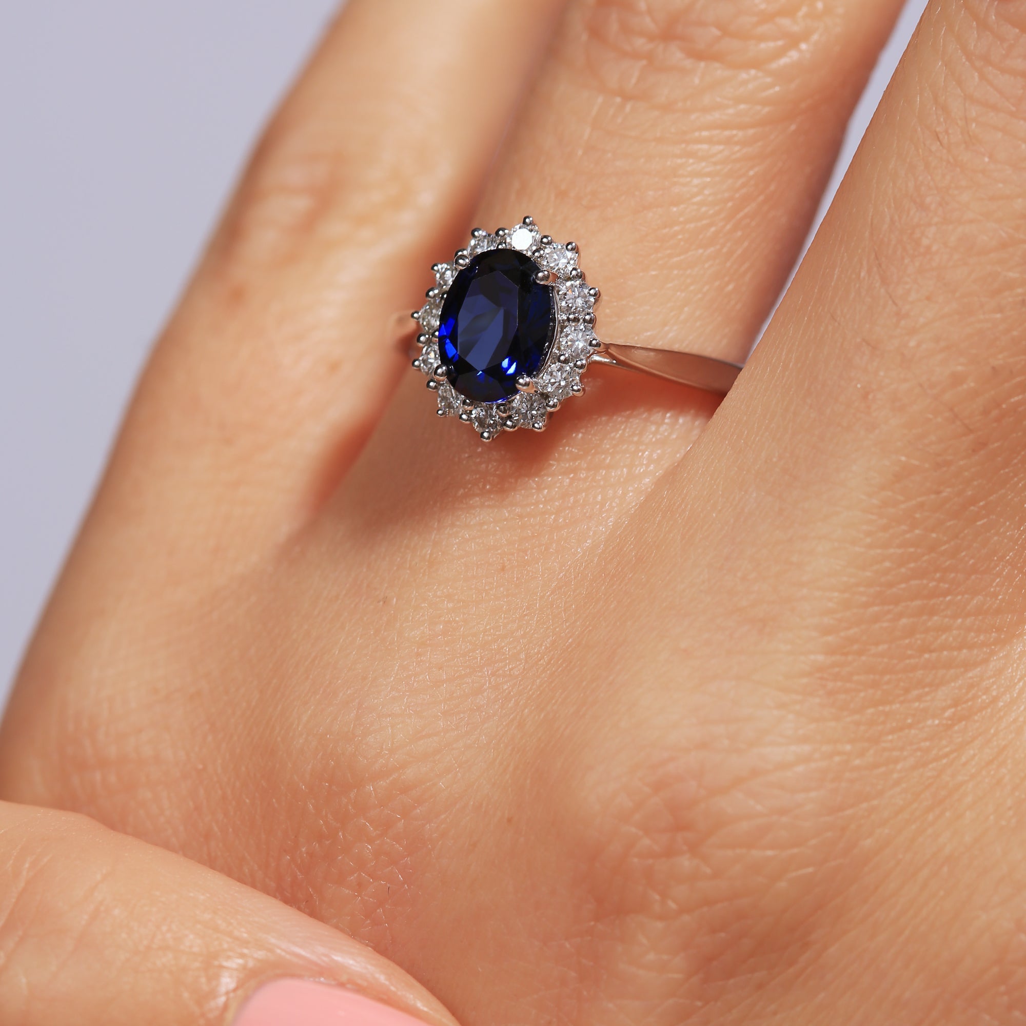Cate | 9ct White Gold 0.25ct tw Lab Grown Diamond and Created Sapphire Cluster Ring